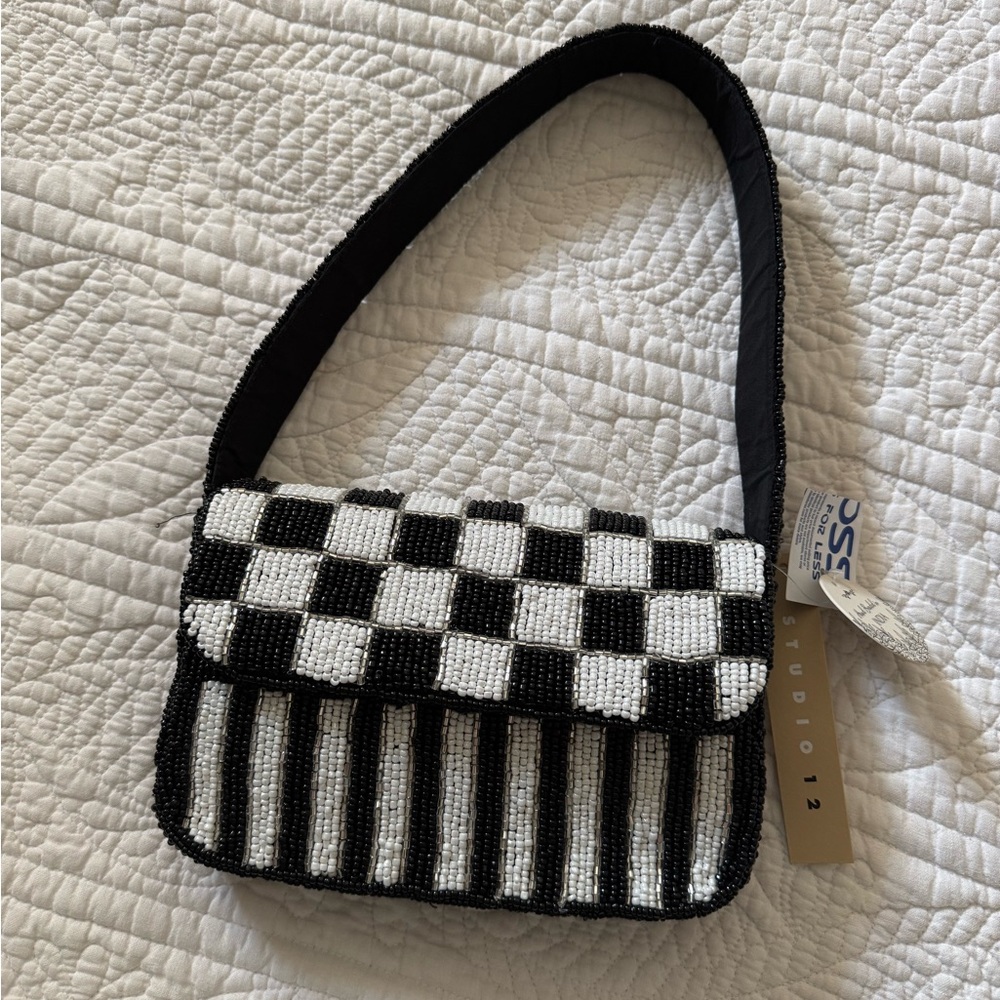 Studio 12 Black & White Beaded Checkerboard Shoulder Bag NWT